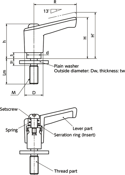 LECM-LWMiniature Plastic Clamp Levers - Plain Washer Integrated Type寸法図