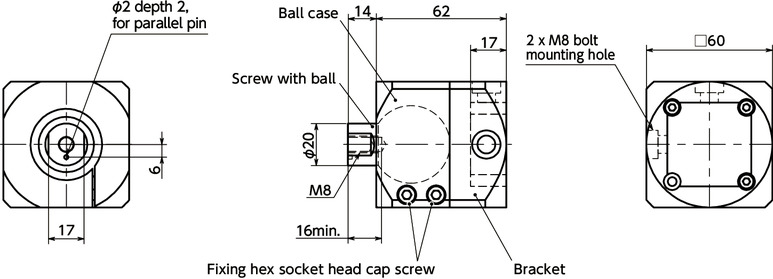 DFKF-AABall Joint (Female Screw 1-Hole) - Aluminum Frame End Surface Mounting寸法図