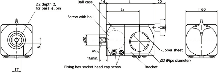 DFKF-PBBall Joint (Female Screw 1-Hole) - Round Pipe Mounting寸法図