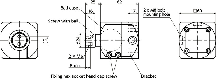 DFKWF-AABall Joint (Female Screw 2-Hole) - Aluminum Frame End Surface Mounting寸法図