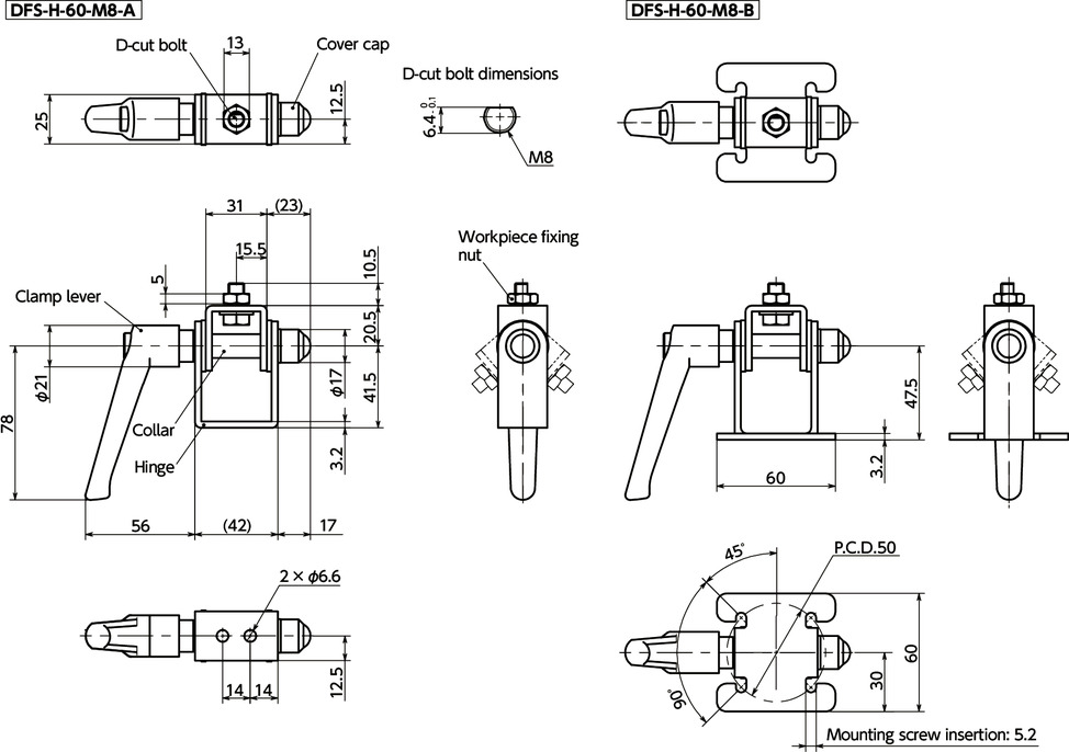DFS-HAngle Hinge - Clamp Lever Retention寸法図