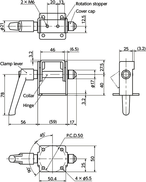 DKBR-HAngle Hinge - Clamp Lever Retention - Rotation Restriction寸法図