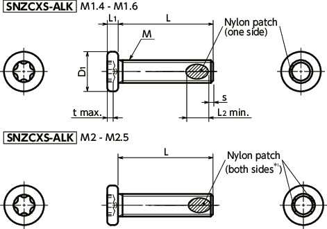 SNZCXS-ALKHexalobular Socket Extra Low Profile Miniature Screw / Nylon Patch寸法図