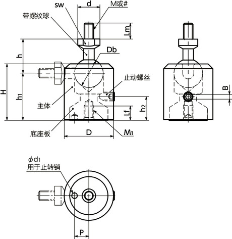 SBJS-M球窝接头 - 止动螺丝型(外螺纹)寸法図