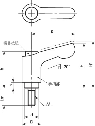 LDCM-C微型夹紧手柄(外螺纹) - 带操作按钮寸法図