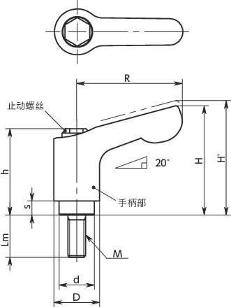 LDCMS-AS微型夹紧手柄(外螺纹) - 全不锈钢制寸法図