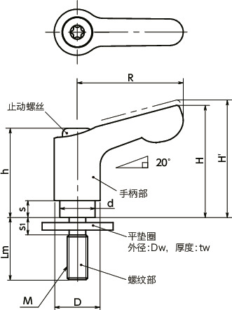 LDCMS-LW-NI微型夹紧手柄 - 平垫圈装入型 - 全不锈钢制寸法図
