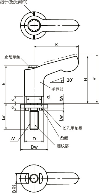 LDCMS-LWP-AS微型夹紧手柄 - 长孔用垫圈装入型 - 全不锈钢制寸法図