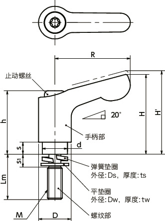 LDCMS-W-CR微型夹紧手柄 - 弹簧垫圈装入型寸法図
