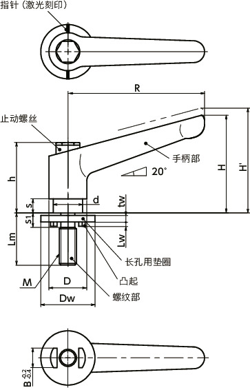LDMS-LWP-AS夹紧手柄-长孔用垫圈装入型-全不锈钢制寸法図