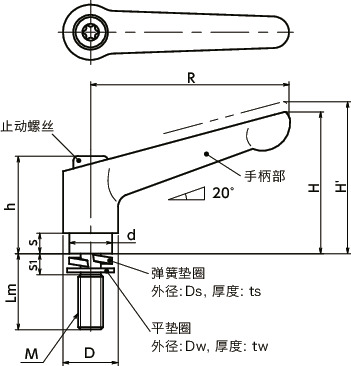 LDMS-W-CR夹紧手柄-弹簧垫圈装入型寸法図