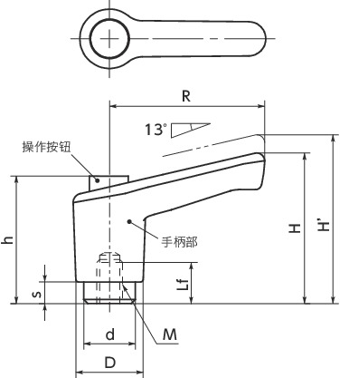 LECF-C微型塑料夹紧手柄(内螺纹)-带操作按钮寸法図