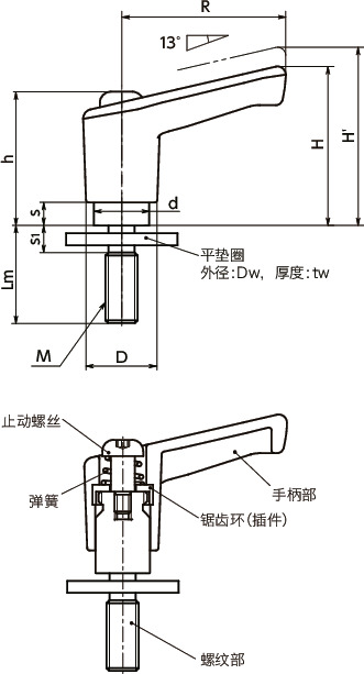 LECMS-LW微型塑料夹紧手柄 - 平垫圈装入型寸法図