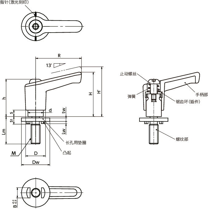 LECMS-LWP微型塑料夹紧手柄 - 长孔用垫圈装入型寸法図