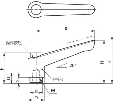 LEFS-C塑料夹紧手柄(内螺纹)-带操作按钮寸法図