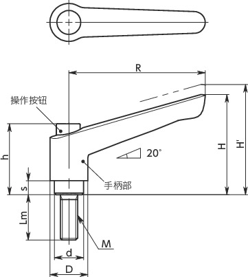 LEM-C塑料夹紧手柄(外螺纹)-带操作按钮寸法図