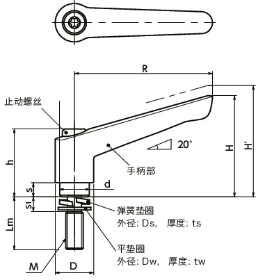 LEM-W塑料夹紧手柄-弹簧垫圈装入型寸法図