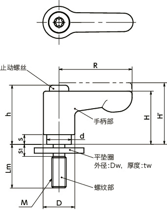 LHCMS-LW-CR微型夹紧手柄 - 平垫圈装入型 - 扁平型寸法図