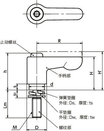 LHCMS-W微型夹紧手柄 - 弹簧垫圈装入型 - 扁平型寸法図