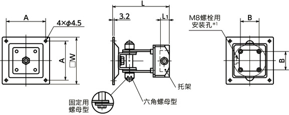 DFSN-AA显示面板固定零件 - 单轴型 - 六角螺母保持寸法図