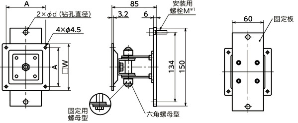DFSN-AF显示面板固定零件 - 单轴型 - 六角螺母保持寸法図