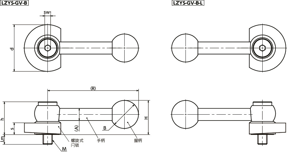 LZYS-GV-B闩锁手柄 - 横向手柄型 - 下方紧固 - 不锈钢制寸法図