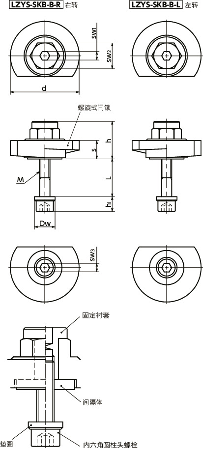 LZYS-SKB-B闩锁手柄 - 扳钳操作型 - 下方紧固 - 背面安装 - 不锈钢制寸法図