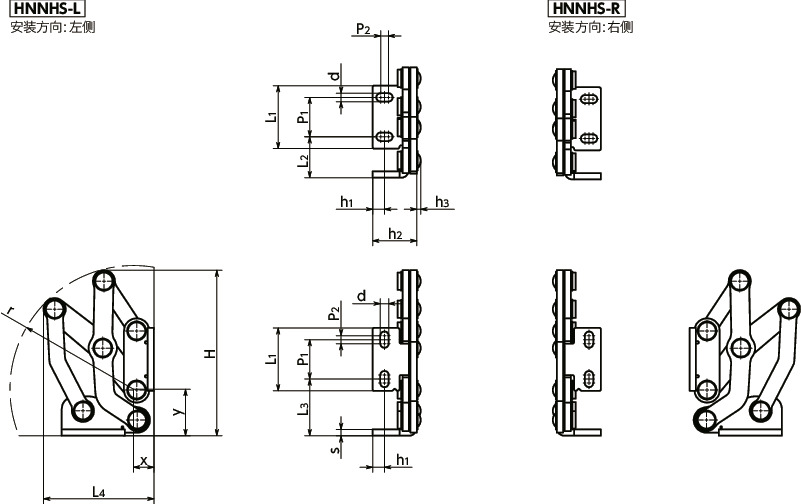 HNNHS不锈钢制大型滑动铰链 - 180°开度寸法図