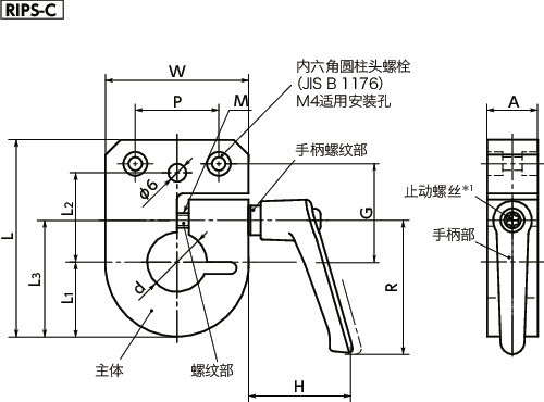 RIPS-C指示器底座 - 夹紧型(带手柄) - 不锈钢制寸法図