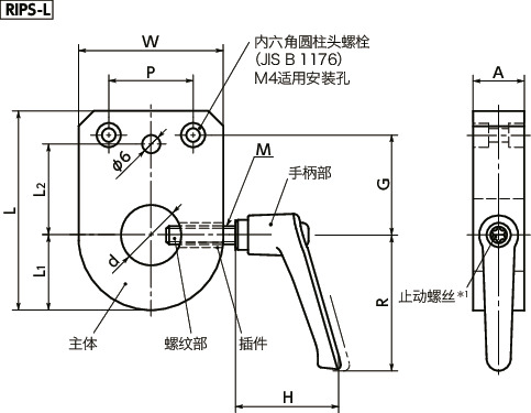 RIPS-L指示器底座 - 定位螺丝固定型(带手柄) - 不锈钢制寸法図