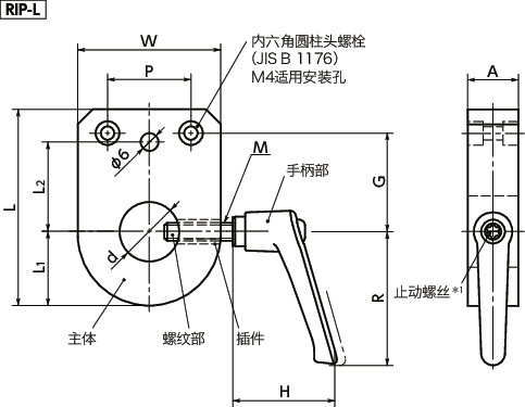 RIS-L指示器底座 - 定位螺丝固定型（带手柄）寸法図