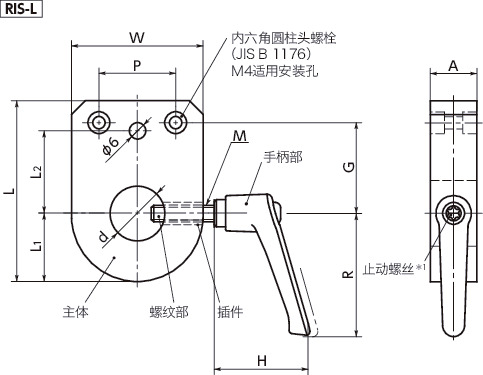 RIS-L指示器底座 - 定位螺丝固定型（带手柄）寸法図
