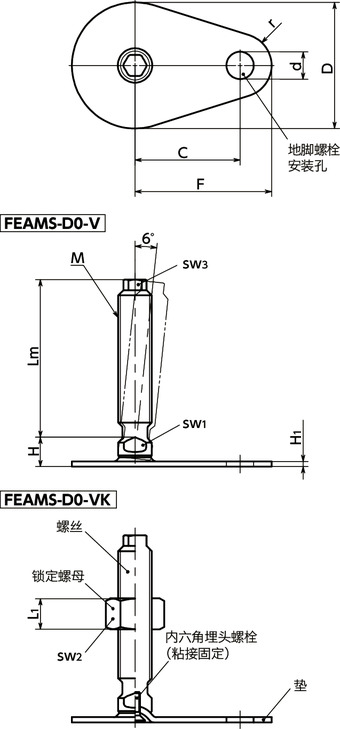 FEAMS-D0-V调平调节器（外螺纹） - 地脚螺栓固定型 - 带六角头寸法図