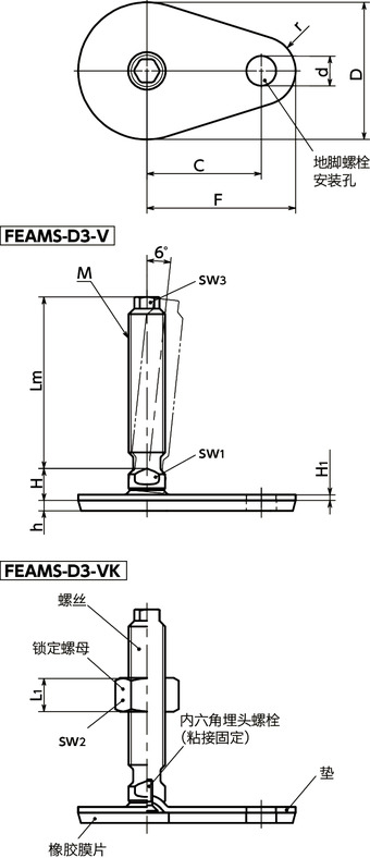 FEAMS-D3-V调平调节器（外螺纹） - 地脚螺栓固定型 - 带六角头 - 带橡胶膜片（粘接）寸法図