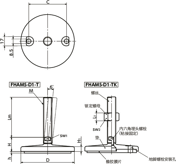 FHAMS-D1-T调平调节器（外螺纹） - 地脚螺栓固定型 - 对边宽度调整 - 带橡胶膜片寸法図