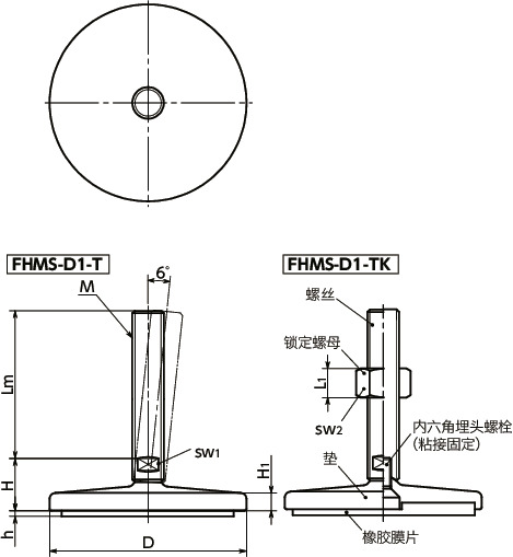 FHMS-D1-T调平调节器(外螺纹) - 对边宽度调整 - 带橡胶膜片寸法図