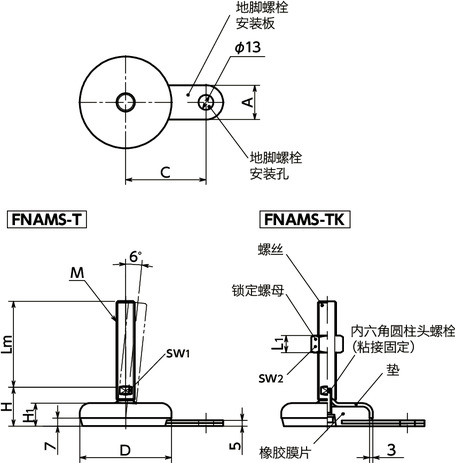 FNAMS-T调平调节器（外螺纹） - 地脚螺栓固定型 - 对边宽度调整寸法図
