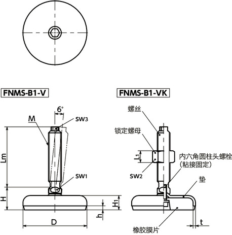 FNMS-B1-V调平调节器（外螺纹） - 带六角头 - 带橡胶膜片（黑）寸法図