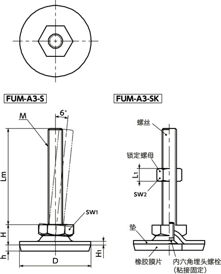 FUM-A3-S调平调节器（外螺纹） - 六角调整 - 带橡胶膜片（粘接）寸法図