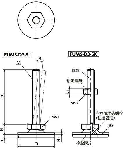 FUMS-D3-S调平调节器（外螺纹） - 六角调整 - 带橡胶膜片（粘接）寸法図