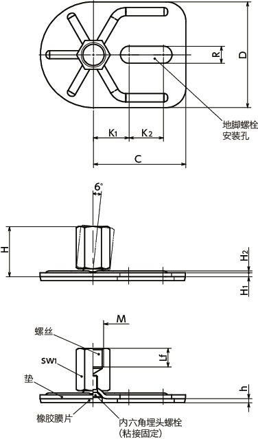 FYAFS-E3-X调平调节器（内螺纹） - 地脚螺栓固定型 - 带橡胶膜片（粘接）寸法図