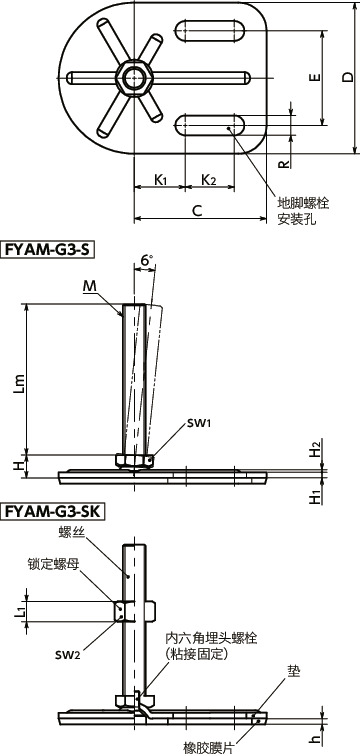 FYAM-G3-S调平调节器（外螺纹） - 地脚螺栓固定型 - 六角调整 - 带橡胶膜片（粘接）寸法図