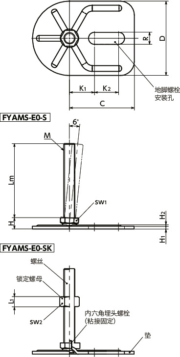 FYAMS-E0-S调平调节器（外螺纹） - 地脚螺栓固定型 - 六角调整寸法図