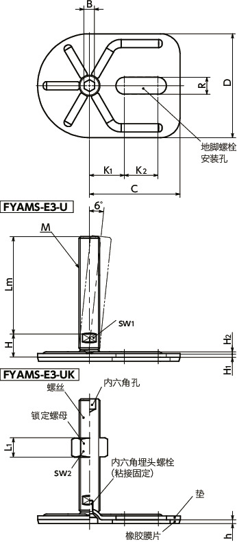 FYAMS-E3-U调平调节器（外螺纹） - 地脚螺栓固定型 - 带内六角孔 - 带橡胶膜片（粘接）寸法図