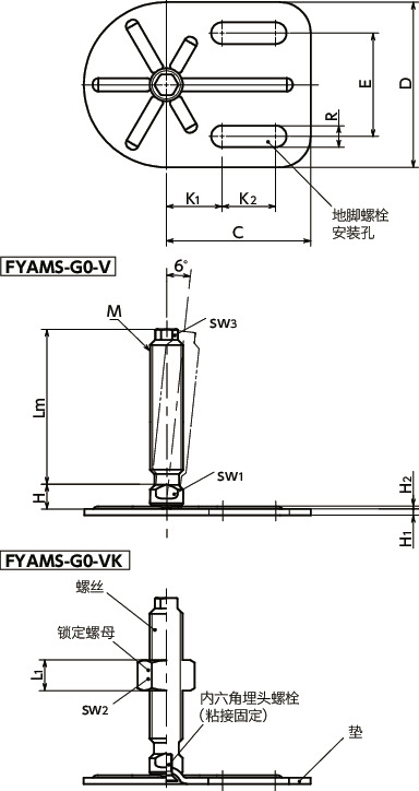 FYAMS-G0-V调平调节器（外螺纹） - 地脚螺栓固定型 - 带六角头寸法図