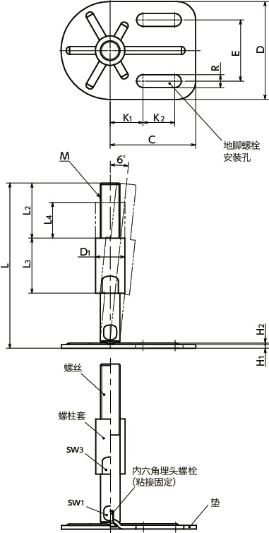 FYAMS-G0-W调平调节器（外螺纹） - 地脚螺栓固定型 - 带螺柱套寸法図
