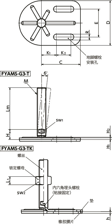 FYAMS-G3-T调平调节器（外螺纹） - 地脚螺栓固定型 - 对边宽度调整 - 带橡胶膜片（粘接）寸法図