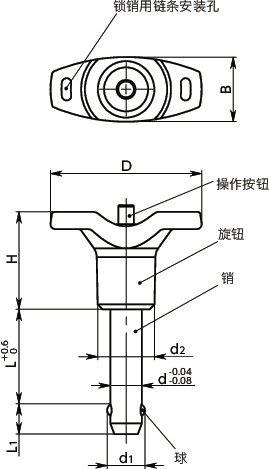 PWBLS球型锁销 - T形旋钮型寸法図
