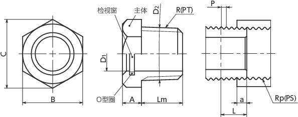 QLGMH-R-B油位窗 - 锥形螺纹型寸法図