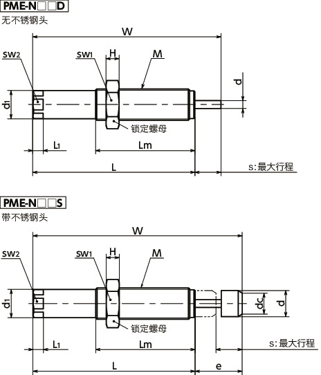 PME高性能缓冲器（冲击吸收器） - 小径型寸法図